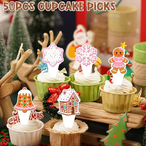 Pink Gingerbread Christmas Cupcake Toppers 50Pcs Non-Edible Party Decorations