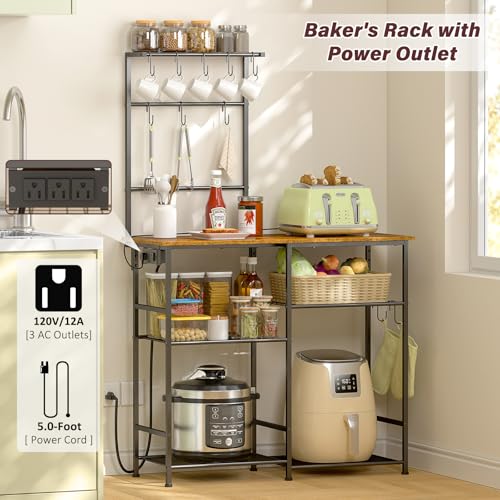 6-Tier Bakers Rack with Power Outlet, Microwave Stand, 10 Hooks - Rustic Brown