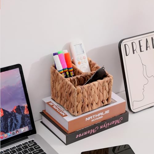 3-Compartment Wicker Remote Control Holder - Hand-Woven Water Hyacinth Desk Organizer