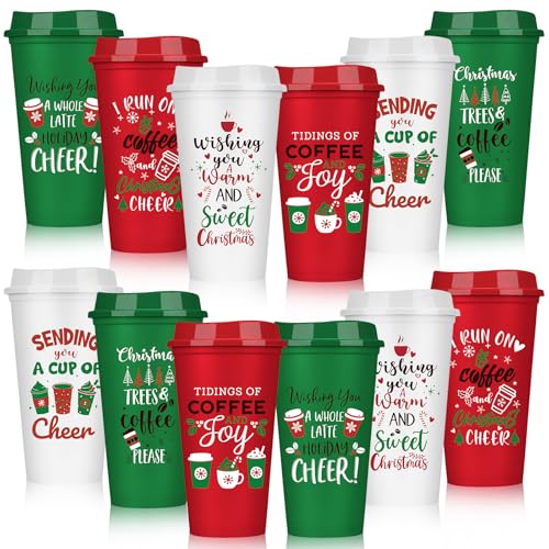 Pickmesh 12 Pack Christmas Reusable 16oz Plastic Coffee Cups - Classic Style