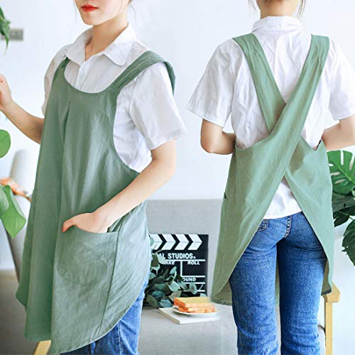 Japanese Cotton Linen Cross Back Apron with Pockets for Kitchen Cooking