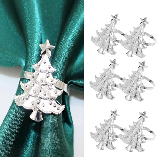 Hayooha Christmas Tree Silver Napkin Rings Set of 6 - Holiday Table Decor