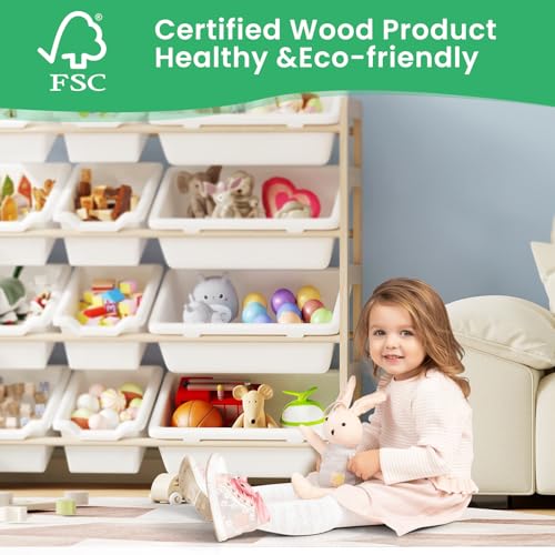 Solid Wood Kids Toy Storage Organizer with Bookshelf & 12 Bins, White