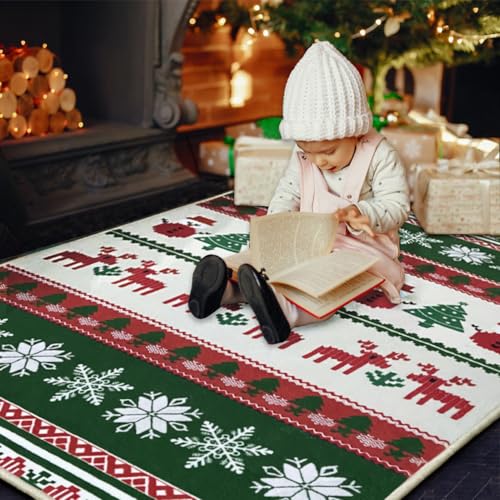 4x6 Red Deer Christmas Area Rug - Machine Washable Non-Slip Door Mat for Living Room & Hallway
