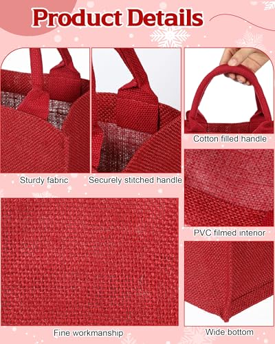 Cunno 12 Pcs Burlap Tote Bags with Handles, Small Reusable Jute Gift Bags, 9.06 x 5.12 x 6.3 cm, Red Style