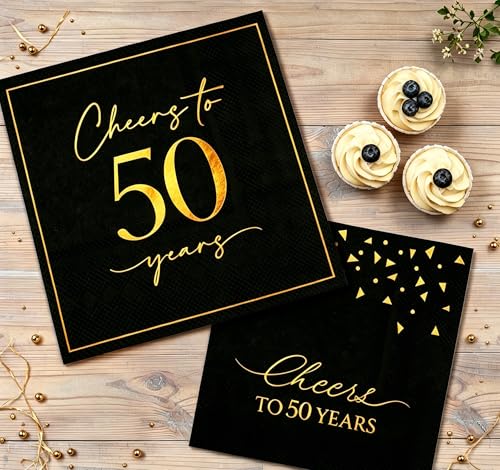 Hunanyume 50 Pack Cheers to 50 Years Black & Gold Cocktail Napkins - Elegant 5x5 Inch Party Supplies for 50th Birthday & Anniversary