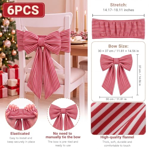 Fanfanwin Christmas Chair Covers Set with Bows - Red & White Stripe Velvet Decor for Dining Chairs