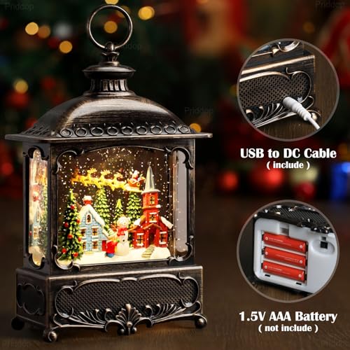 12-Inch Christmas Snow Globe Lantern with Musical Village Scene and Timer