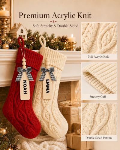 Personalized Knit Christmas Stockings with Wood Name Tags - 18 Inch Set of 4
