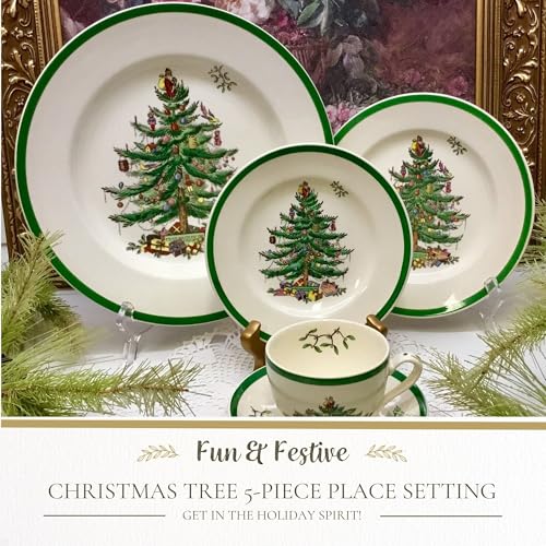 Spode 7 Oz Christmas Tree Dinnerware Set of 5 - Holiday Earthenware with Holly Accents