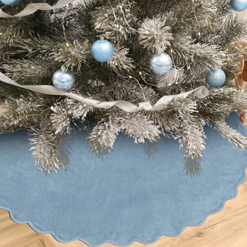 48-Inch Gray Blue Velvet Christmas Tree Skirt, Rustic Scalloped Edge