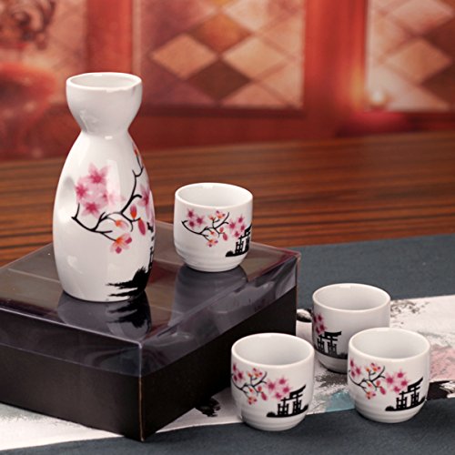 Tosnail Pink Sakura Ceramic Sake Set - 1 Carafe & 4 Cups, Gift Idea