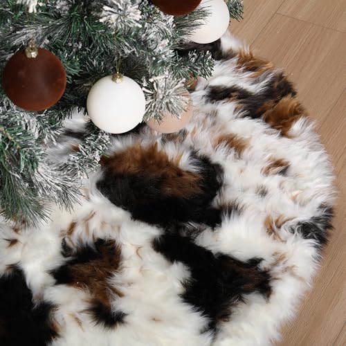 Halloscume 48 Inch Faux Fur Christmas Tree Skirt – Thick Western Cow Print, Open Design