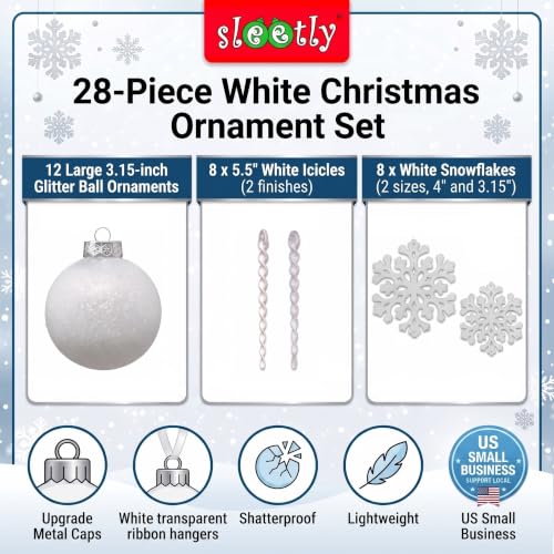 Shatterproof White Christmas Ball Ornaments Set (28-Piece, 3.15 in)