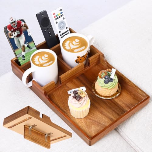 Solid Acacia Wood Couch Insert Tray with 2 Cup Holders for Sectionals