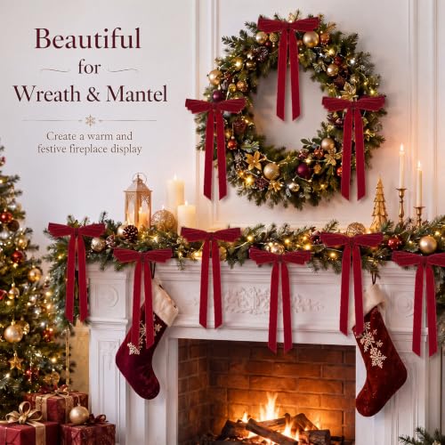 Giegxin Burgundy Velvet Christmas Bow Ornaments 8 x 13 Inches, Set of 12