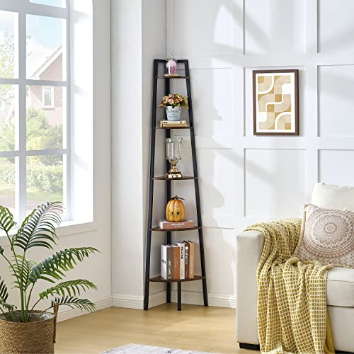 5-Tier Corner Bookshelf, Industrial Rustic Wood Ladder Display Stand