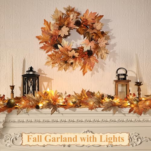 6ft Lighted Fall Garland with Timer, Autumn Leaves & Berries Decor