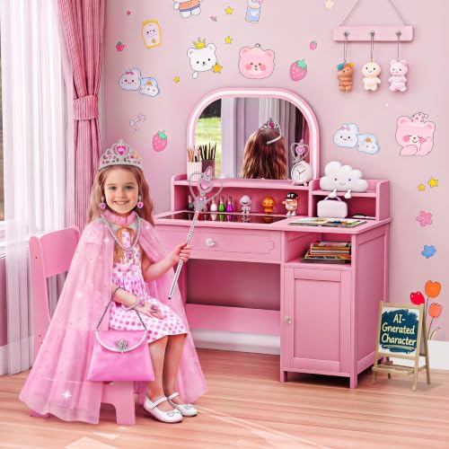 Kids Vanity Set with Mirror, Lights & Storage - Toddler Girl Dressing Table