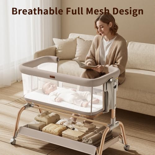 3-in-1 Baby Bedside Bassinet, Adjustable Rocking Crib with Mesh & Mattress