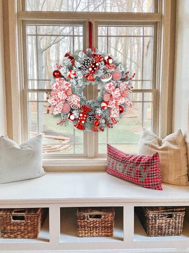 Arborus 24" Artificial Christmas Wreath with Red Candy Accents, Double Ribbon Bows, Pine Cones & Ornaments – White Cedar Base (Variation: Wreath)