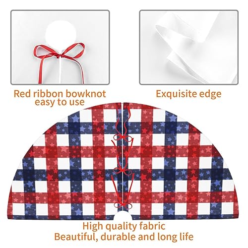 LUMANSITTER 36" July 4th Patriotic Flag Plaid Christmas Tree Skirt — Red/White/Blue, Faux Frosted Fabric