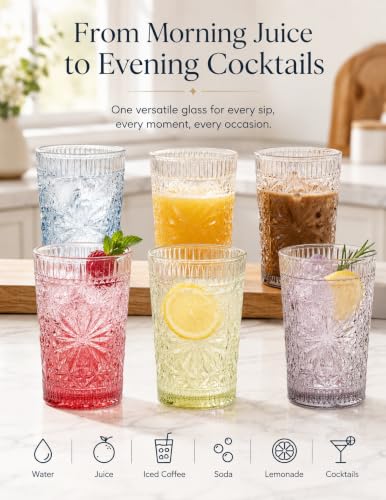 Vintage Embossed Gradient Glass Drinking Cups, 13 oz Set of 6