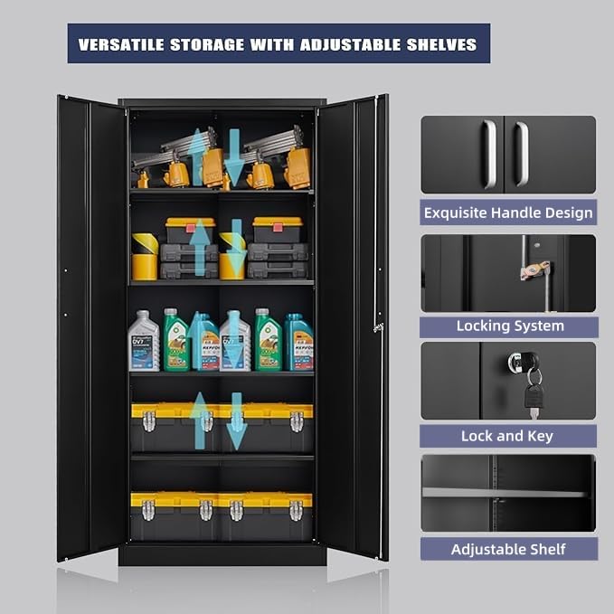 71-Inch Metal Storage Cabinet with Adjustable Shelves, Black Steel