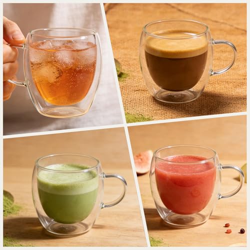 DINGPAI 4 Pack Double Wall Glass Coffee Mugs 8oz Borosilicate Insulated Cups
