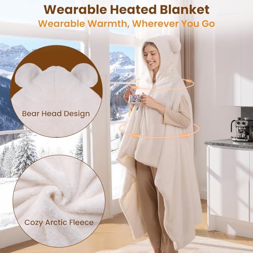 Portable Cordless Heated Blanket Shawl, 50x70 Fleece Wearable Hoodie, Beige