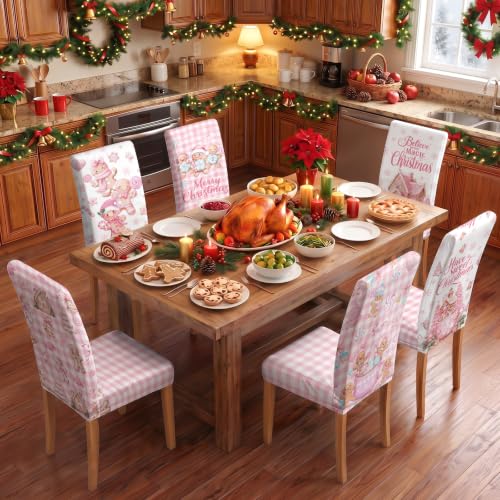 VVXKS Gingerbread-Pink Christmas Chair Covers 6 Pcs, Removable Washable Dining Chair Slipcovers