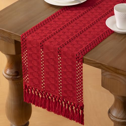 MLMW Boho Red Table Runner 12 x 48in Farmhouse Burlap, Dresser/Accent