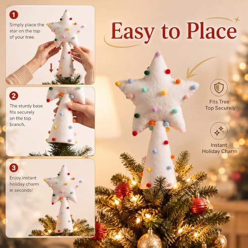 10-Inch Felt Christmas Star Tree Topper with Rainbow Pom Poms - White Holiday Decor