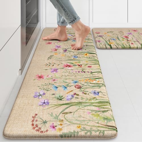 Anti-Fatigue Kitchen Mat Set, Cushioned Floral Floor Rugs 2-Piece