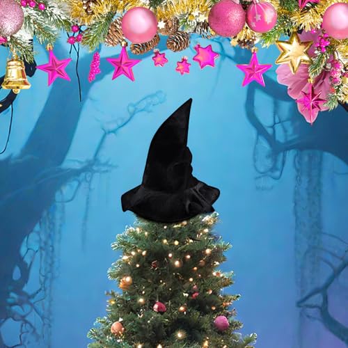 Black Velvet Witch Hat Tree Topper for Halloween & Christmas Decor