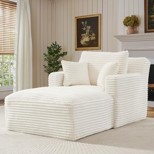 Oversized Corduroy Chaise Lounge Chair with 3 Pillows - Beige Indoor Lounger