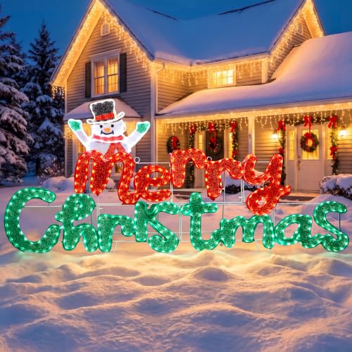 Brightown 5ft Merry Christmas Sign with 447 LED Twinkle Lights (Snowman)