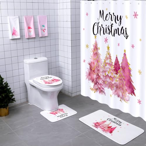 Newwiee 7-Piece Christmas Shower Curtain Set, Toys & Towels, 72x72, Cute Style