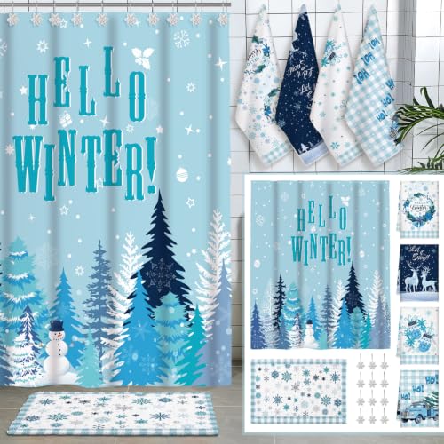 Blue Christmas Shower Curtain Set with Hooks Towels Rug - Let It Snow