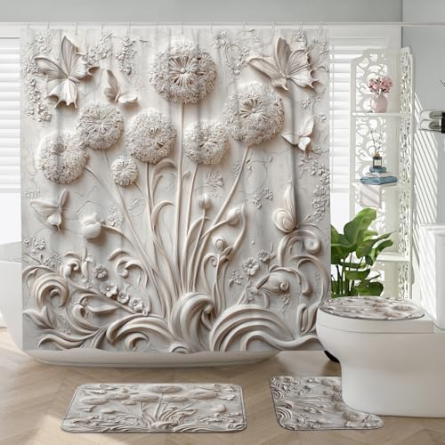 Vintage Dandelion 4-Piece Shower Curtain & Bathroom Rug Set - 72x72