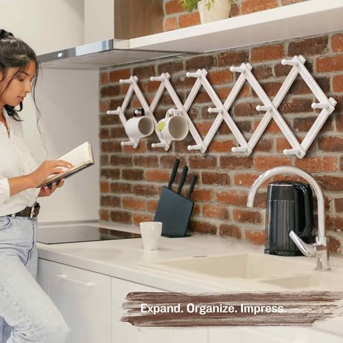 Rustic Expandable Wall Mounted Coat Rack with 16 Wood Hooks, Shabby White