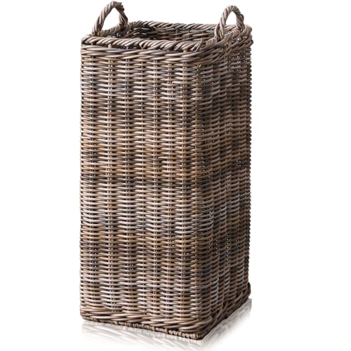 Rattan Umbrella Stand with Drip Tray - 20.5-Inch Tall Entryway Basket