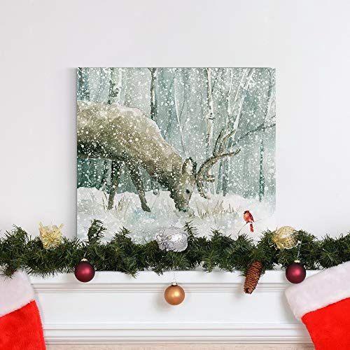 40x40 Reindeer and Cardinal Christmas Wall Art - Scenic Winter Forest Canvas, Ready to Hang, Premium Gallery Wrapped Decor, Made in USA