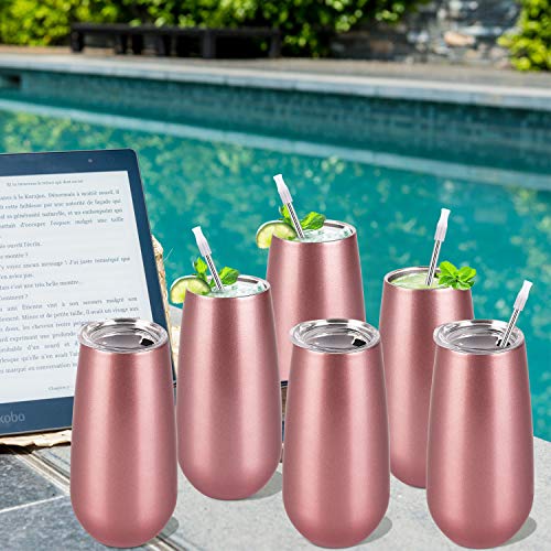 Lifecapido Rose Gold 6-Pack Stemless Double Insulated Champagne Flute Tumblers, 6 Oz, Unbreakable & Reusable Gift Set