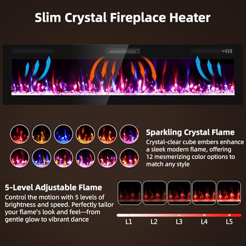 72-Inch Electric Fireplace Wall Mounted & Recessed with Remote Control
