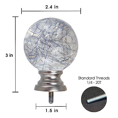 Decorative Round Curtain Rod Finials, Silver and Clear Polyresin, Set of 2