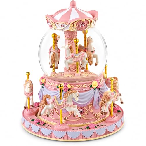 Carousel Snow Globe Music Box with Rotating Horses, LED Lights & Glitter