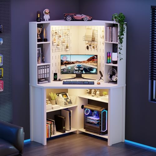 Corner Computer Desk with Hutch, LED Lights, and Built-in Charging Station