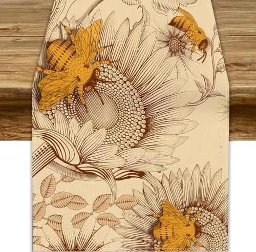 Vintage Bee Table Runner 13x36in – Rustic Floral Linen Cotton Mix, JanJCurt W13xL36