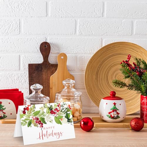 Whaline 100 Pack Christmas Greeting Cards Bulk Holiday Berries & Leaves with Envelopes & Stickers